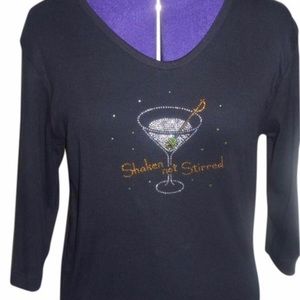 CACTUS BAY  Black Tee shirt "Shaken Not Stirred" Rhinestones Size M